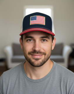 American flag acrylic patch on a red/navy/cream Richardson 112 trucker hat