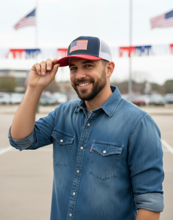 American flag trucker hat in red/navy/cream with mesh back and snapback