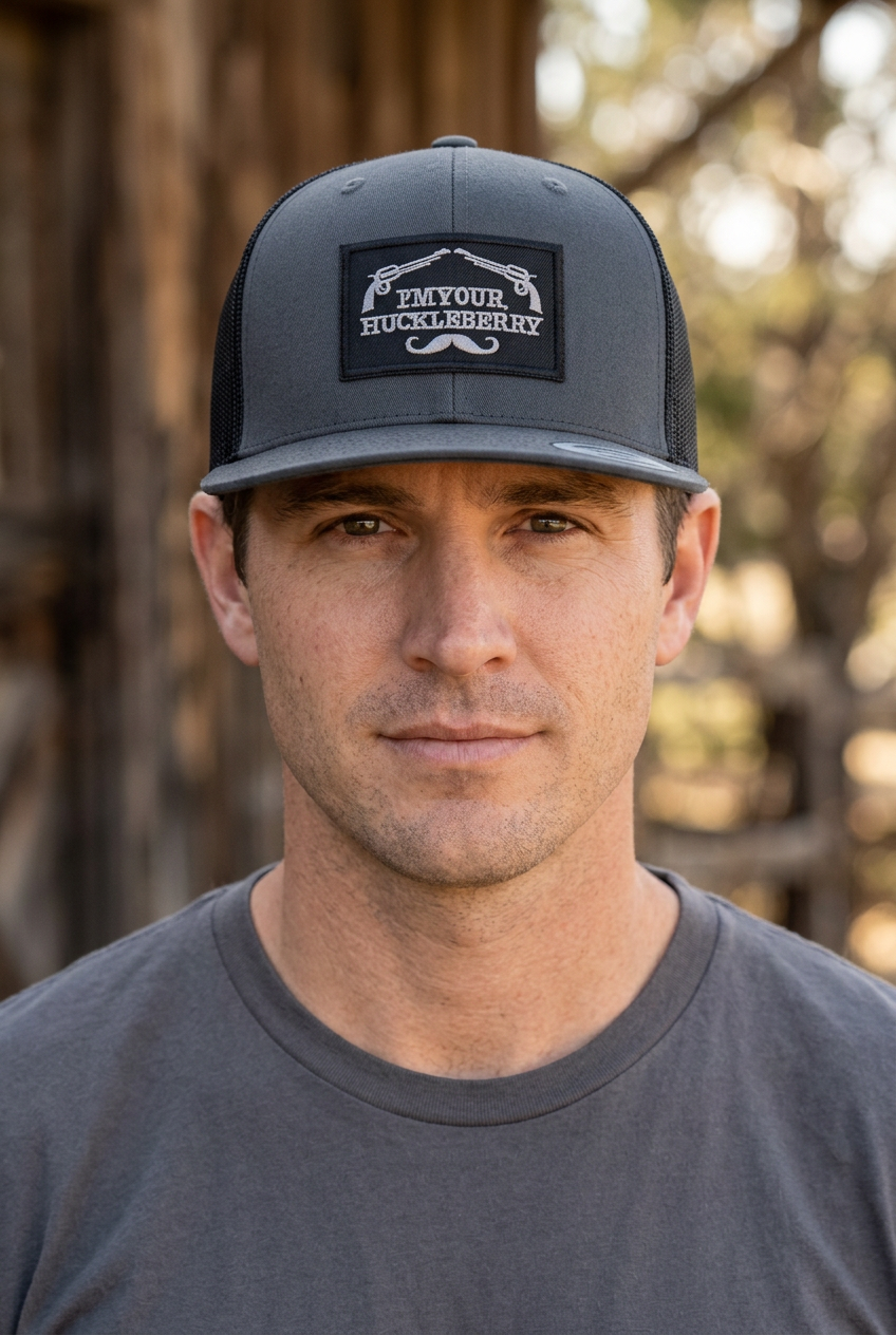 YP Classic I'm Your Huckleberry Patch 6 Panel Retro High-Profile Trucker Hat - Char/Black