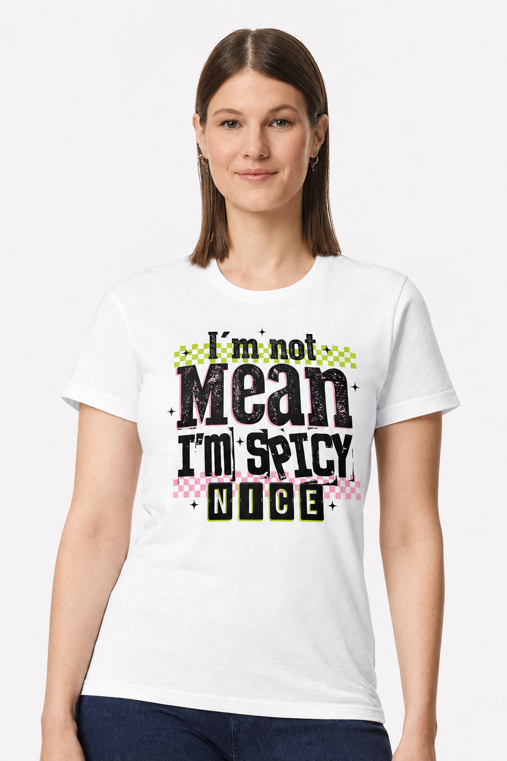 Woman wearing a white t-shirt with an I'm Not Mean I'm Spicy Nice retro checkered print