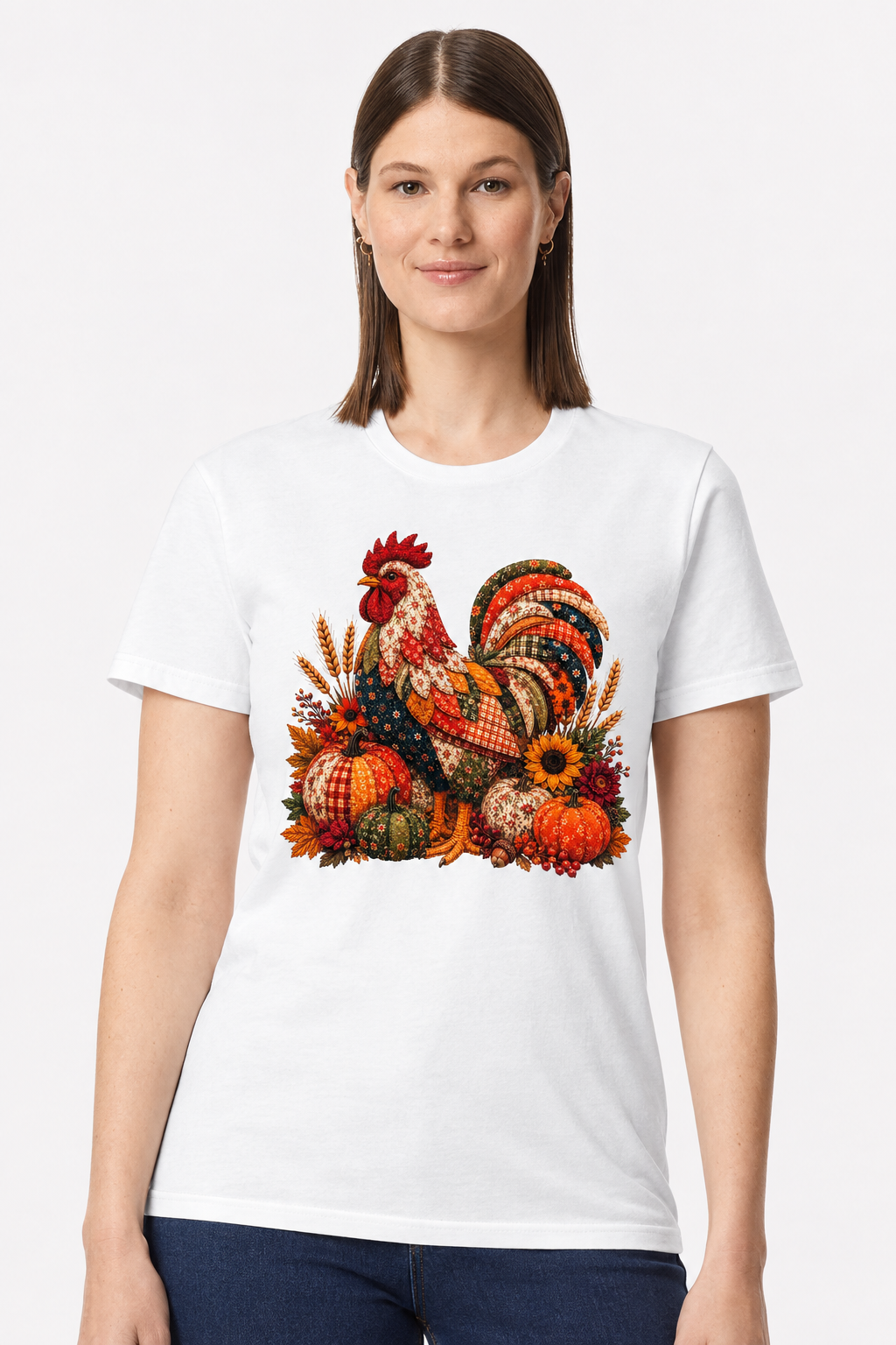 Woman wearing a white t-shirt with a fall quilted patchwork rooster and pumpkins print