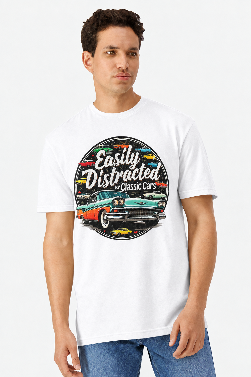 Easily Distracted By Classic Cars Retro Badge Gildan 3000 Unisex Light Cotton T-Shirt