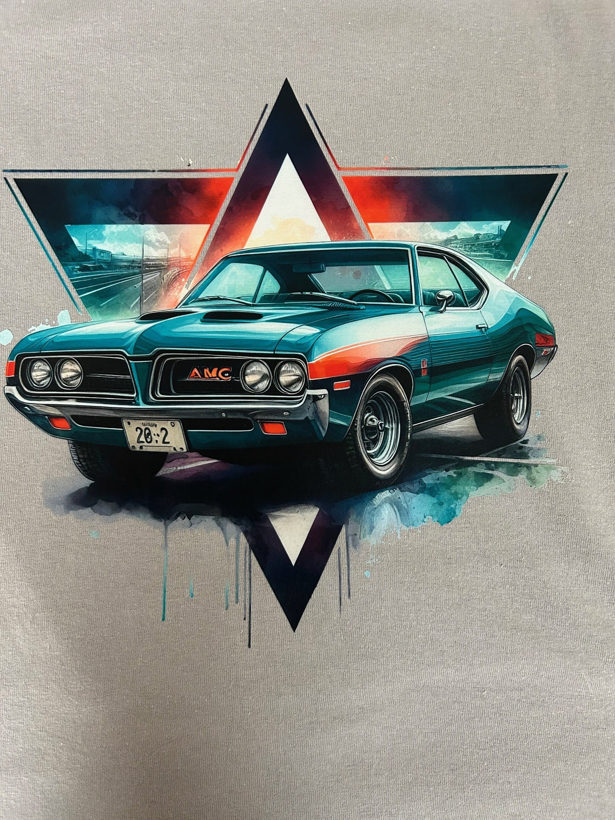 Close-up of the AMC Javelin print on a gravel grey t-shirt