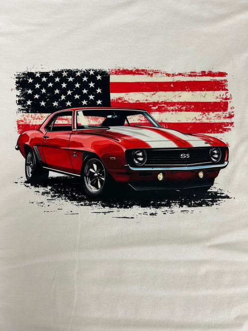 Close-up of the red Chevy Camaro SS American flag print on a white t-shirt