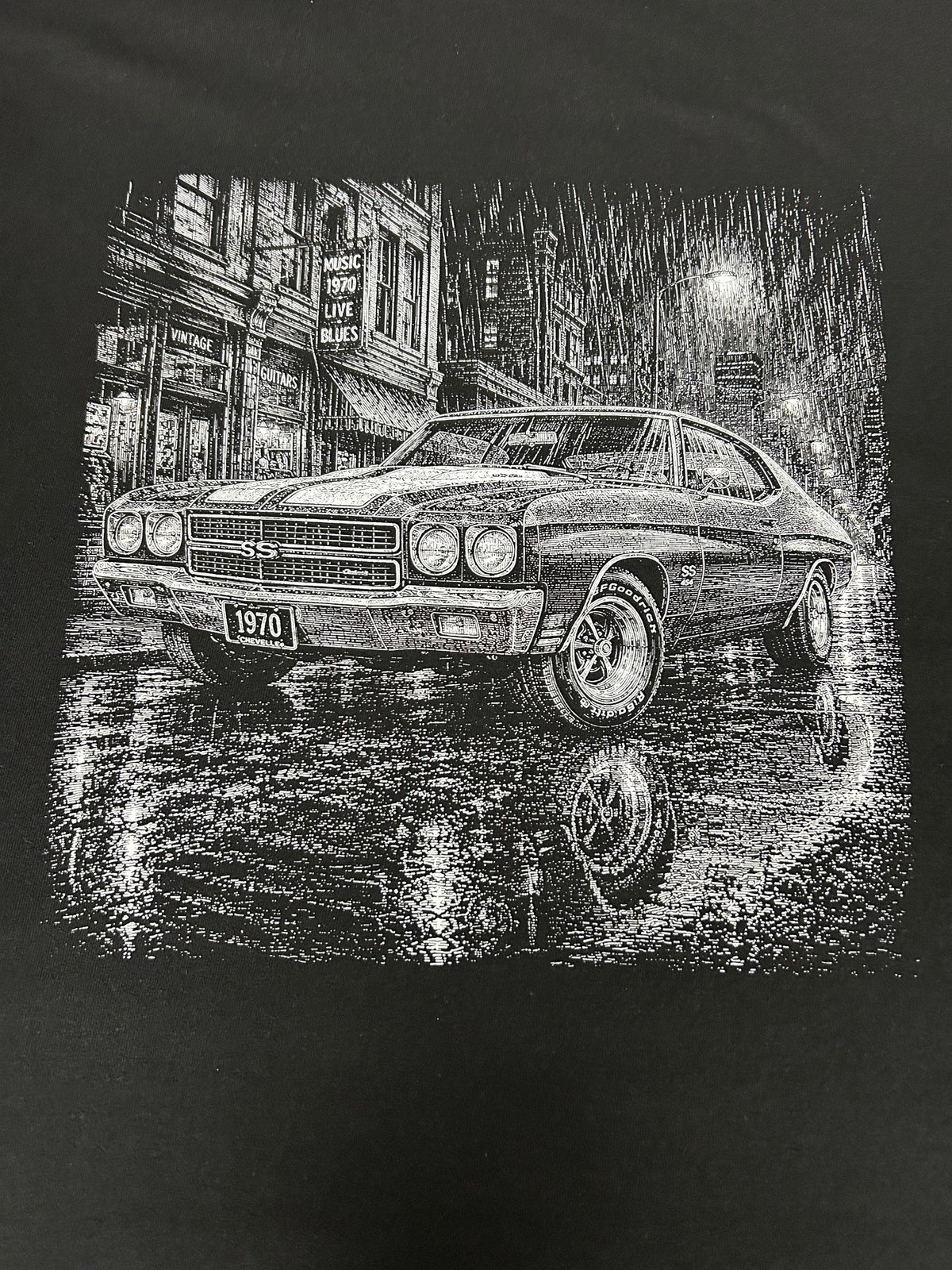 Close-up of the 1970 Chevy Chevelle SS print on a black t-shirt