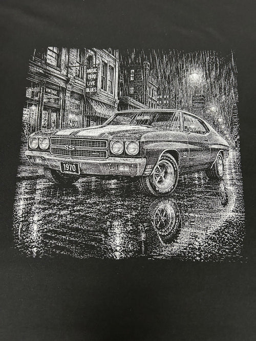 Close-up of the 1970 Chevy Chevelle SS print on a black t-shirt
