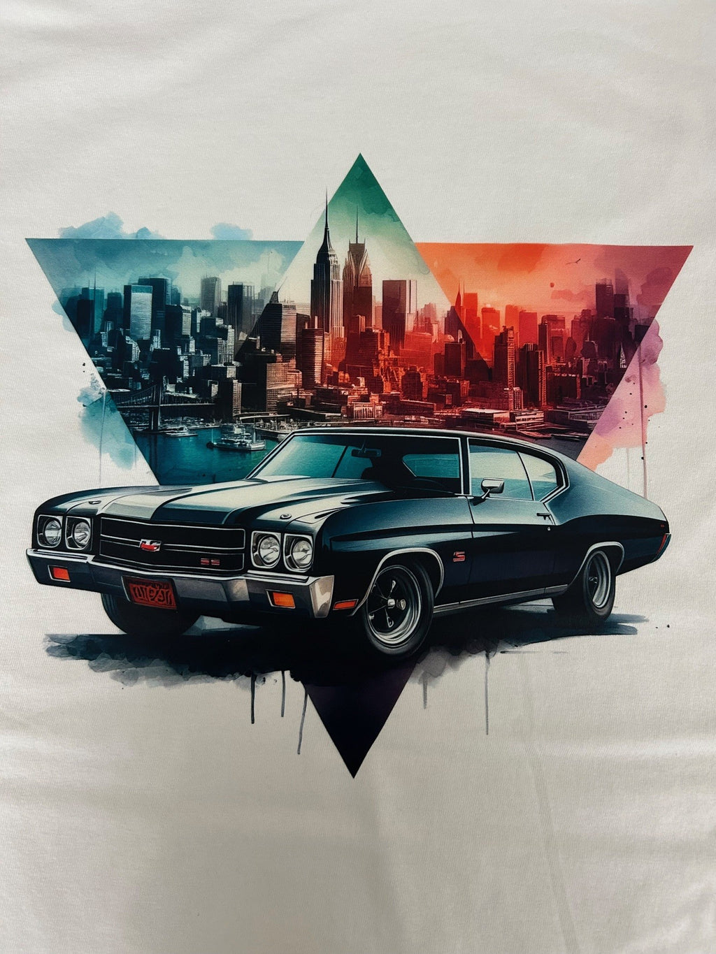 Close-up of the 1970 Chevy Chevelle SS skyline print on a white t-shirt