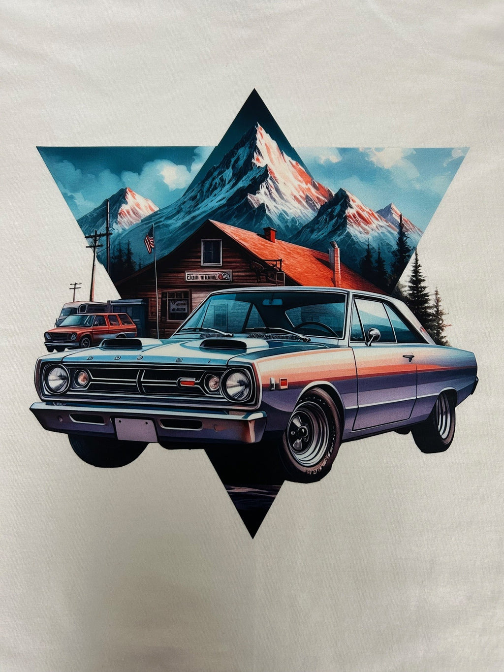 Close-up of the 1968 Dodge Dart GTS print on a white t-shirt