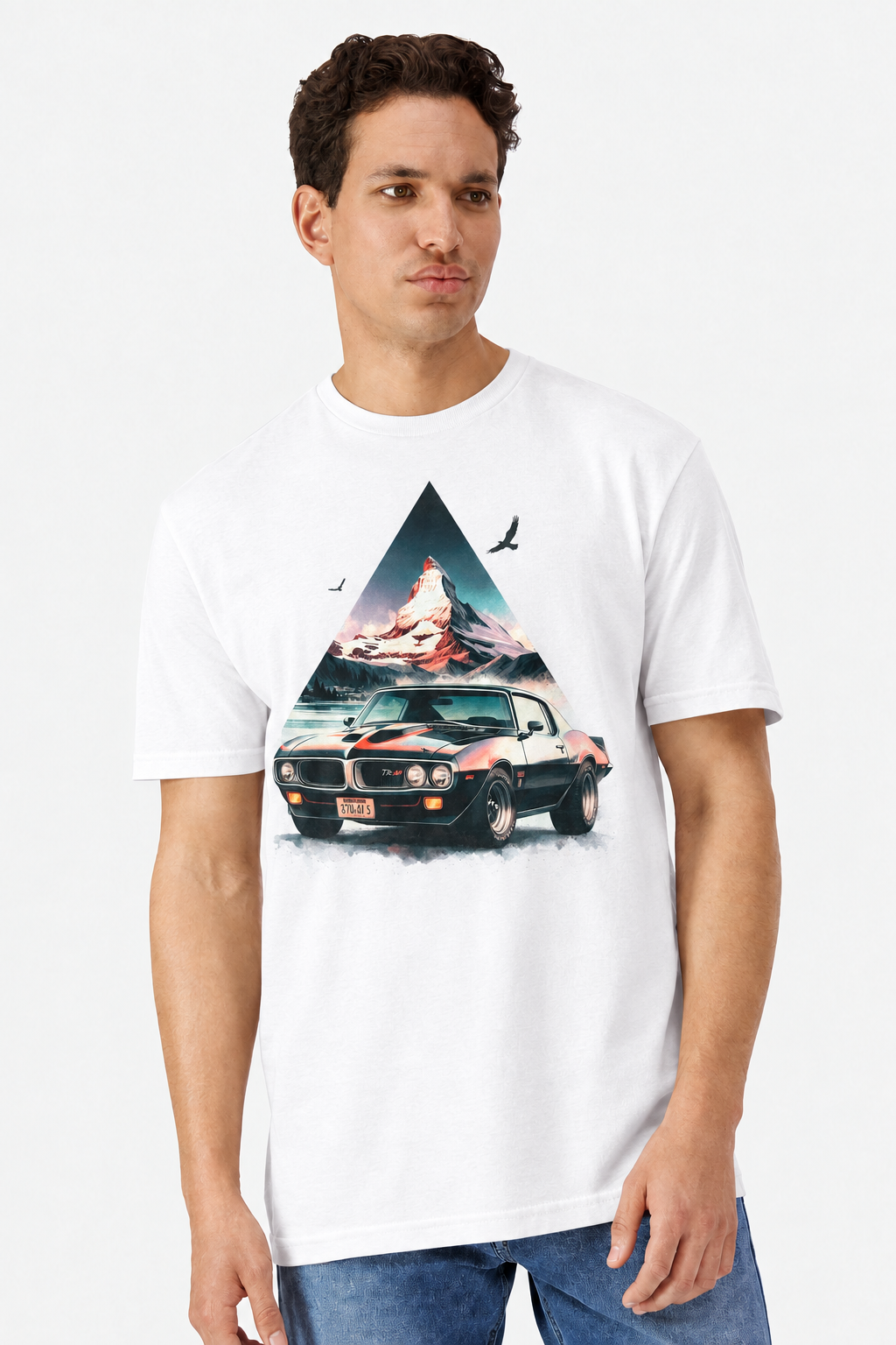 Pontiac Firebird Trans Am Mountain Watercolor Gildan 3000 Unisex Light Cotton T-Shirt