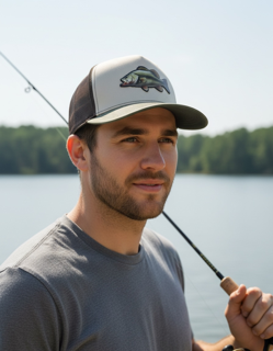 Largemouth bass UV leatherette patch on a dark brown/olive green/cream Richardson 112 trucker hat