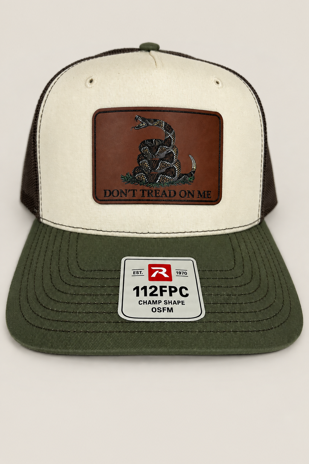 Richardson 112 Don't Tread on Me patch 5 panel Trucker Hat - Beige/Loden/Brown