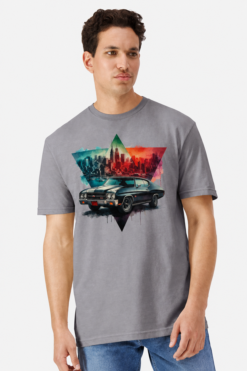1970 Chevy Chevelle SS City Skyline Watercolor Gildan 3000 Unisex Light Cotton T-Shirt