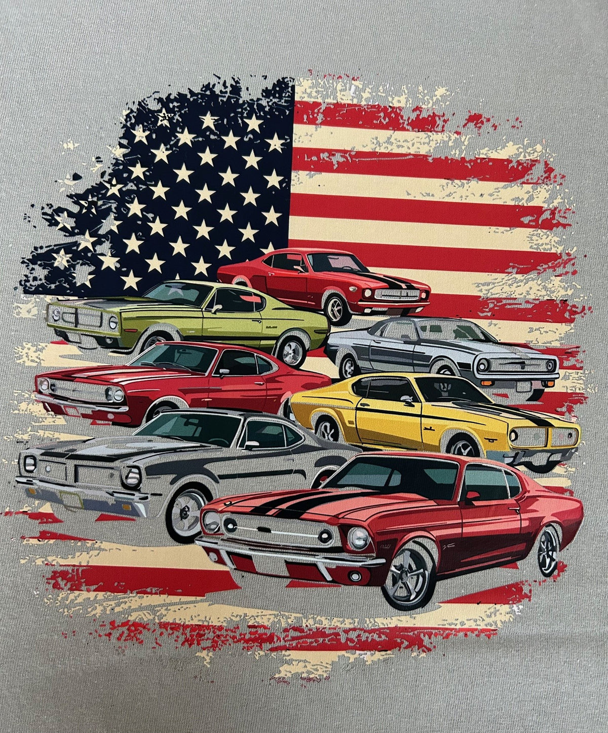 Close-up of the classic muscle car American flag collage print on a gravel grey t-shirt