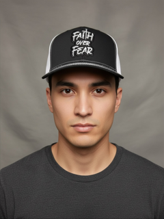 Faith over Fear cloth patch on a black/white Richardson 112 trucker hat