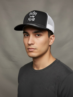 Richardson 112 Faith over Fear trucker hat, black/white, by TRWADE APPAREL