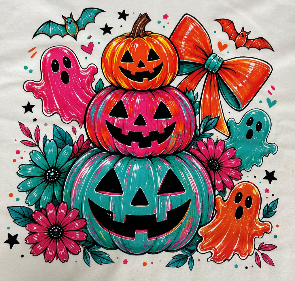 Close-up of the Halloween stacked pumpkins and ghosts print on a white t-shirt