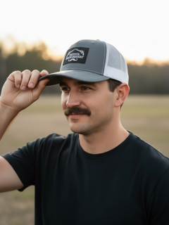 I'll Be Your Huckleberry cloth patch on a cream Richardson 112 trucker hat