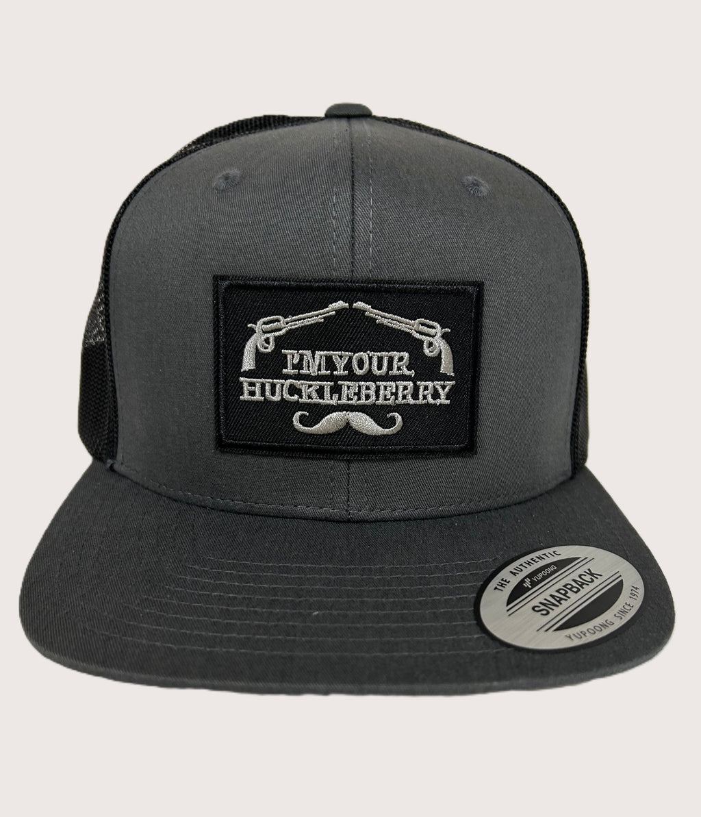YP Classic I'm Your Huckleberry Patch 6 Panel Retro High-Profile Trucker Hat - Char/Black