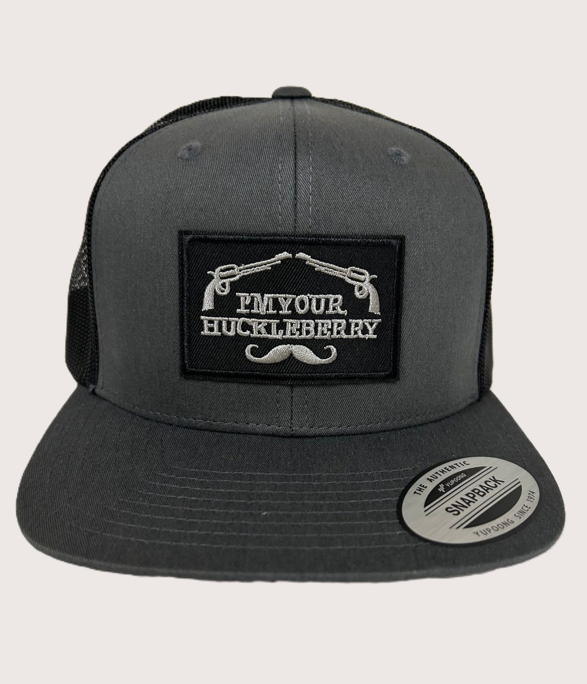 YP Classic I'm Your Huckleberry Patch 6 Panel Retro High-Profile Trucker Hat - Char/Black
