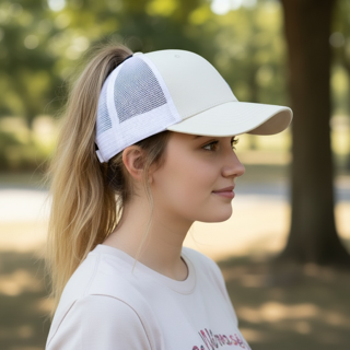 Honeybee cloth patch on a yellow/white Infinity Her women's ponytail trucker hat