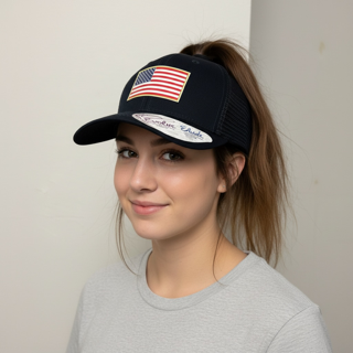 American flag acrylic patch on a navy Infinity Her women's ponytail trucker hat