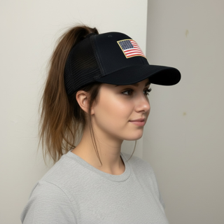 Women's American flag trucker hat in navy with mesh back and snapback