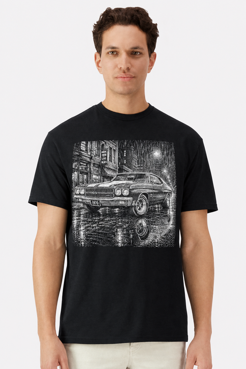 Model wearing a black t-shirt with a detailed 1970 Chevy Chevelle SS rainy street print