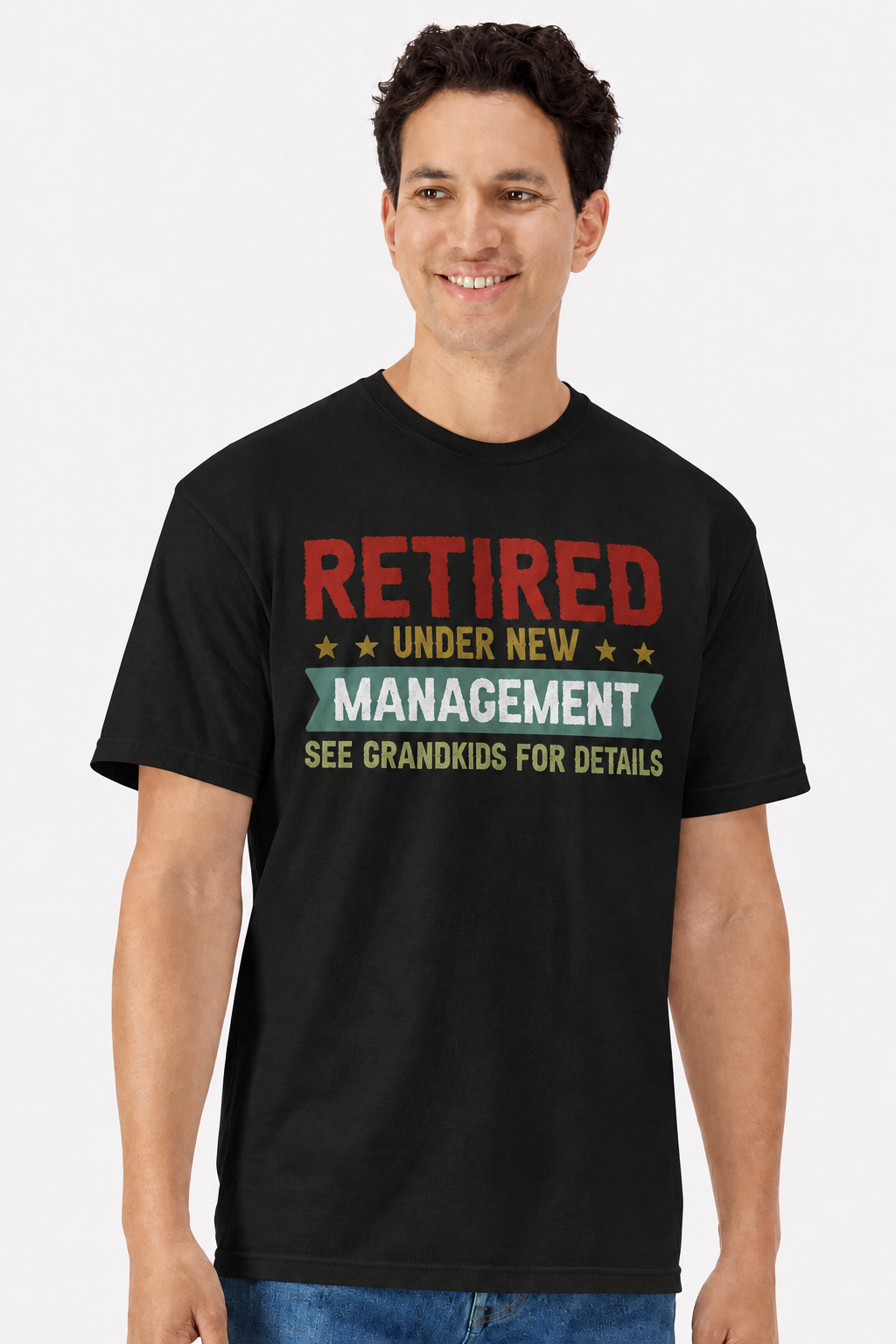 Model wearing a black Gildan 3000 t-shirt with Retired Under New Management, See Grandkids For Details print