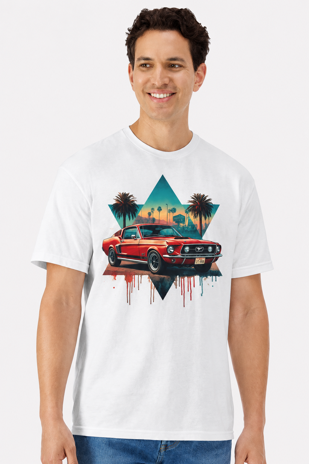 Model wearing a white t-shirt with a red Ford Mustang GT sunset palm print