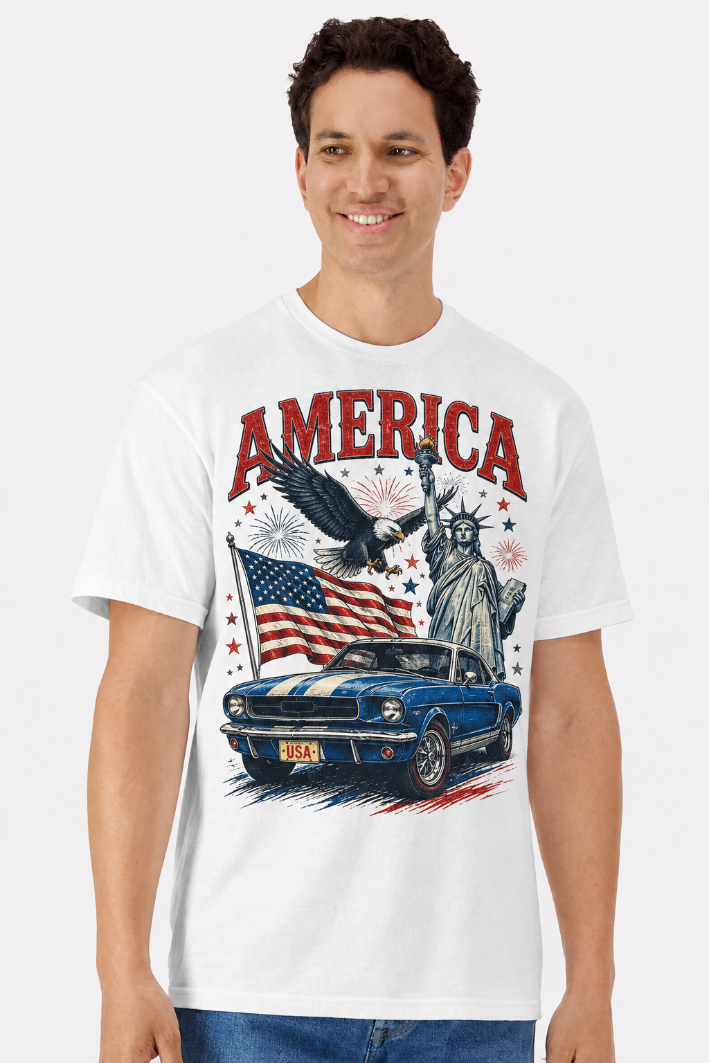 Model wearing a white t-shirt with an America Ford Mustang eagle and Statue of Liberty print