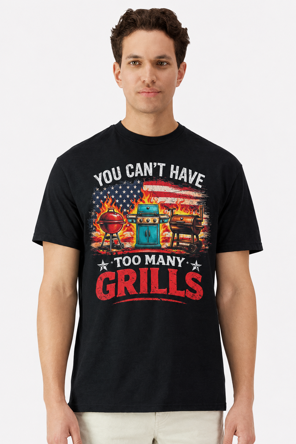 Model wearing a black t-shirt with a patriotic You Can't Have Too Many Grills print