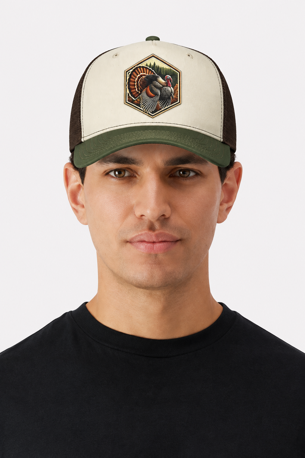Wild turkey Richardson 112 trucker hat with cream front, olive green visor, brown mesh back, and turkey patch on model