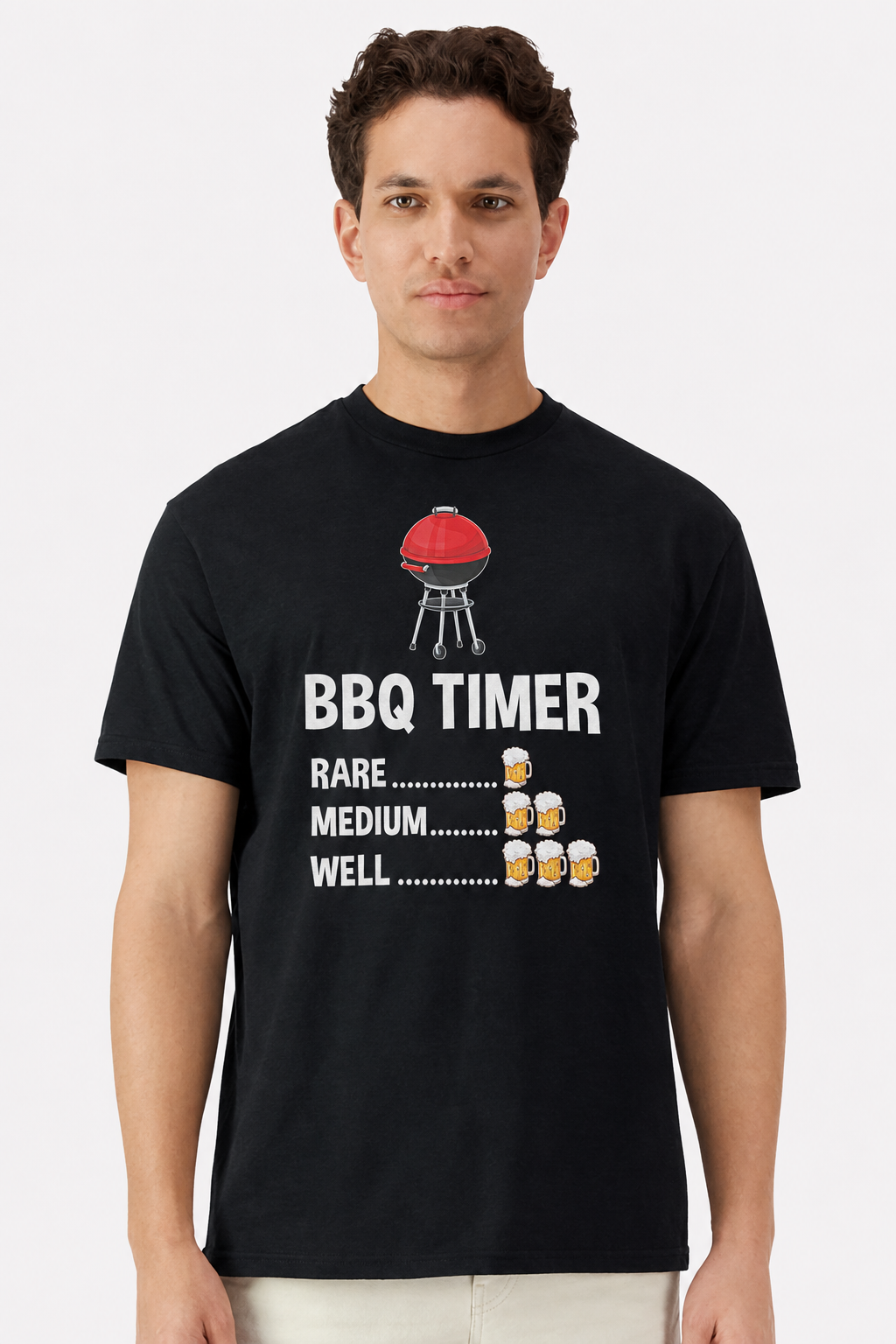 Model wearing a black t-shirt with a BBQ Timer beer mug chart print