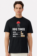 Model wearing a black t-shirt with a BBQ Timer beer mug chart print
