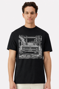 Model wearing a black t-shirt with a detailed 1967 Pontiac GTO factory print