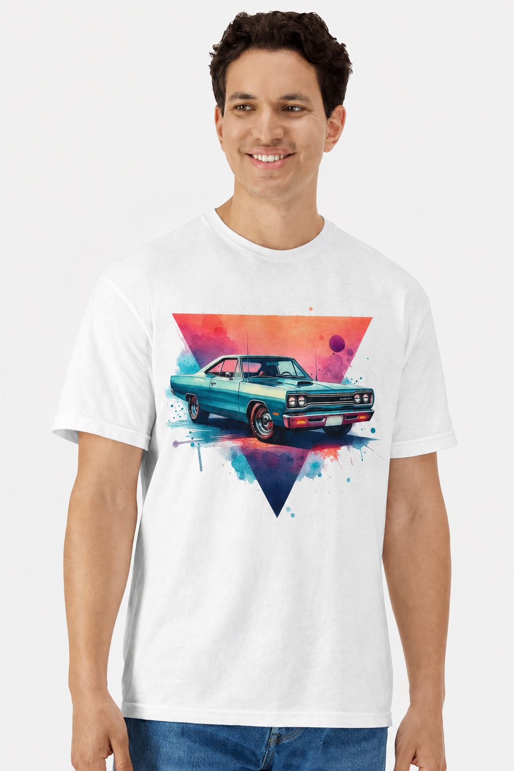 Model wearing a white t-shirt with a watercolor 1969 Plymouth Road Runner print