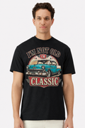 Model wearing a black t-shirt with an I'm Not Old I'm Classic vintage Bel Air badge print