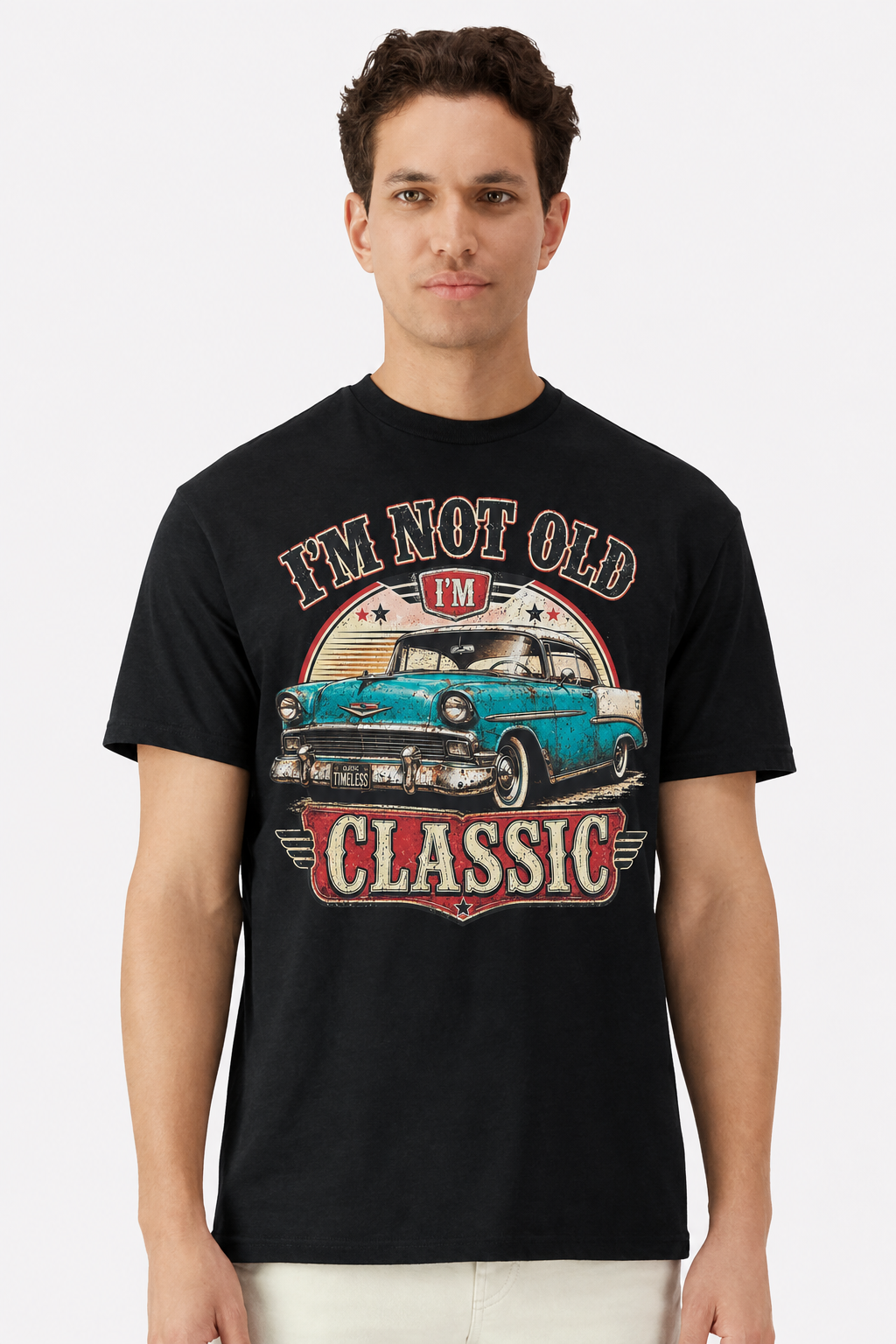 Model wearing a black t-shirt with an I'm Not Old I'm Classic vintage Bel Air badge print