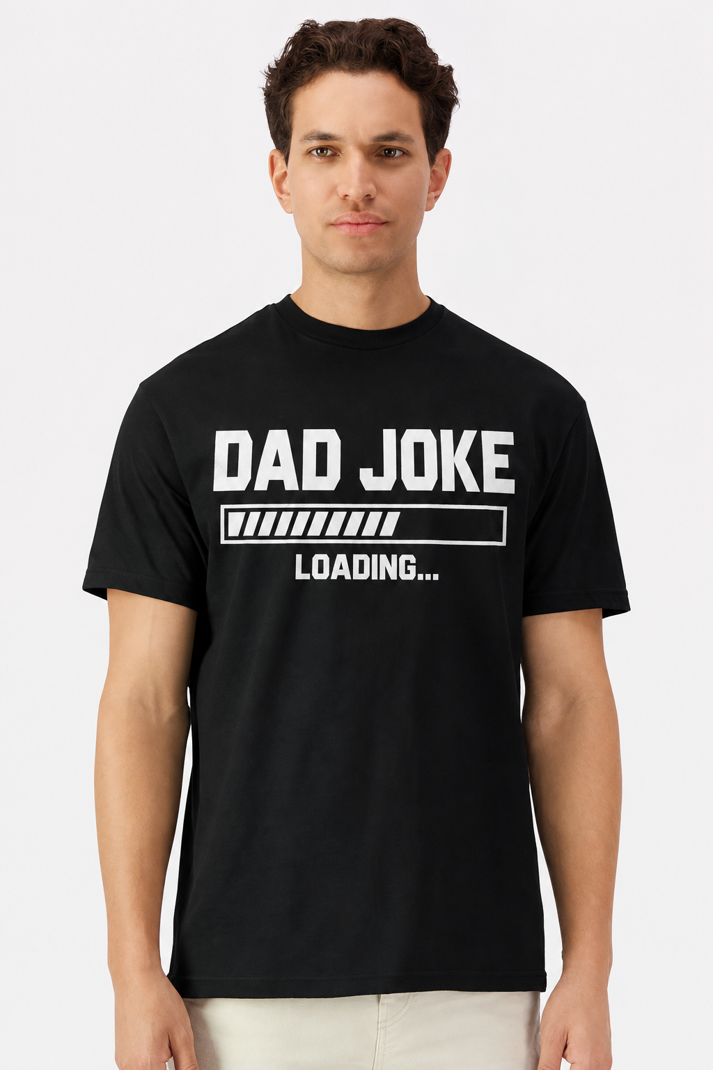 Model wearing a black t-shirt with a Dad Joke Loading progress bar print