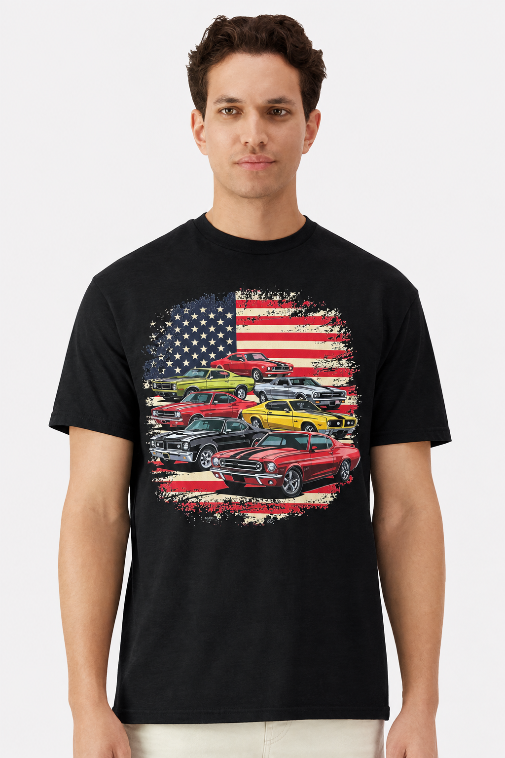 Model wearing a black t-shirt with a classic muscle car American flag collage print