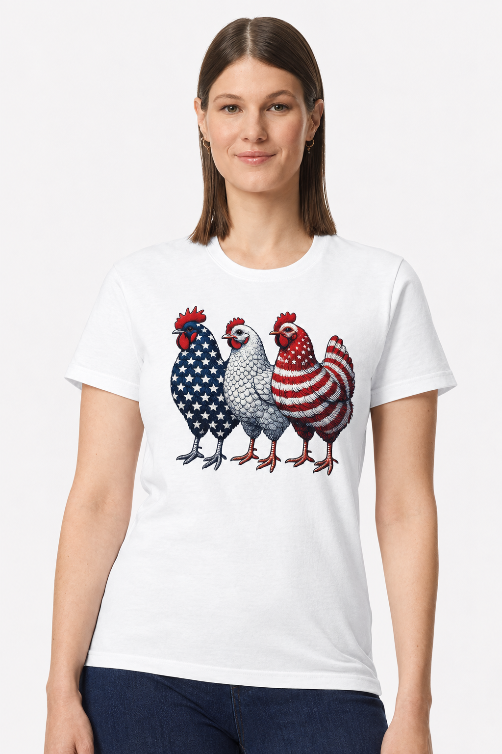Woman wearing a white t-shirt with a three patriotic chickens stars and stripes print