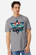 Model wearing a gravel grey t-shirt with a watercolor AMC Javelin railyard print