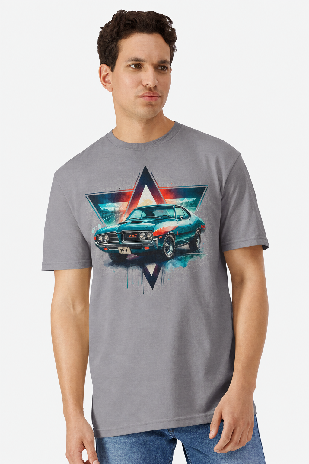 Model wearing a gravel grey t-shirt with a watercolor AMC Javelin railyard print