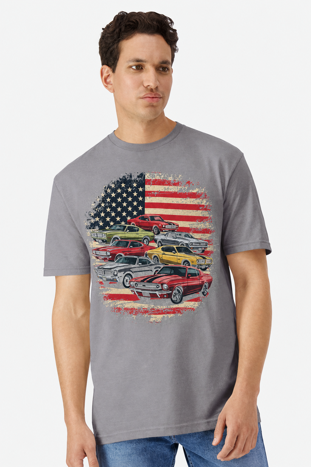 Model wearing a gravel grey t-shirt with a classic muscle car American flag collage print