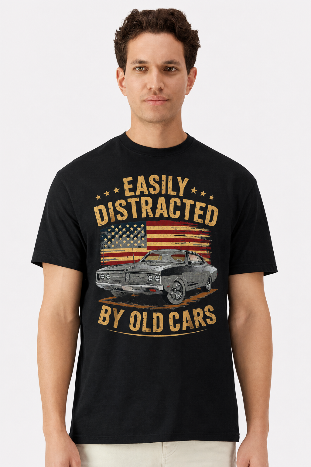 Model wearing a black t-shirt with an Easily Distracted By Old Cars vintage flag print