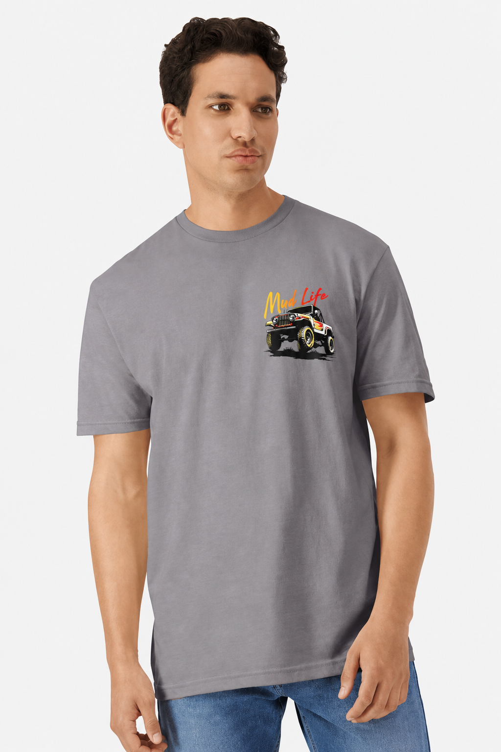 Model wearing a gravel grey t-shirt with a small left chest Mud Life Jeep pocket print