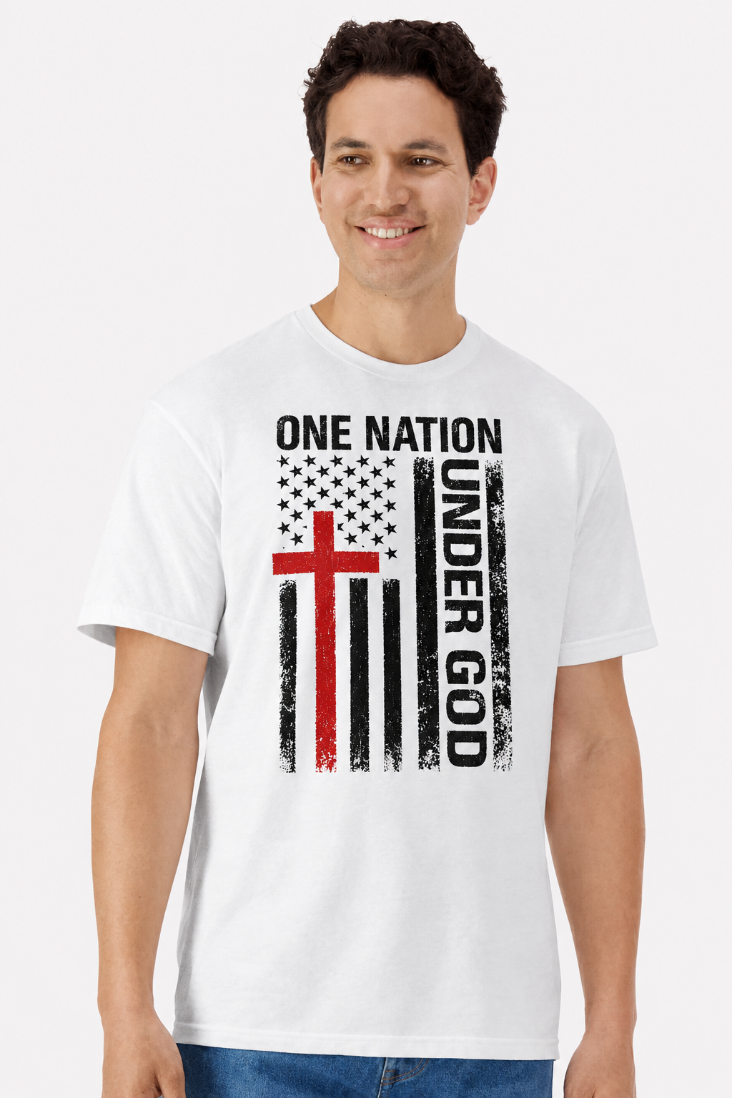 Model wearing a white t-shirt with a One Nation Under God distressed flag and red cross print