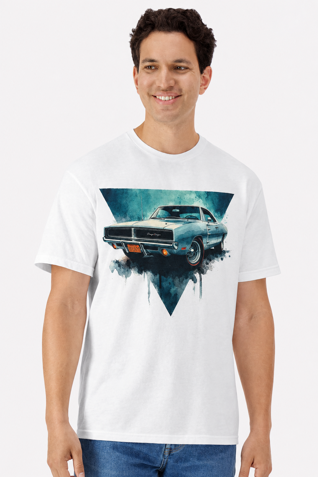 Model wearing a white t-shirt with a watercolor 1969 Dodge Charger R/T print