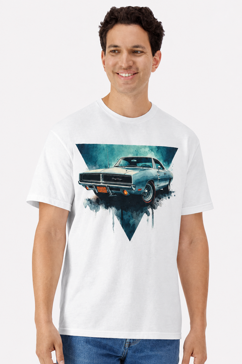 Model wearing a white t-shirt with a watercolor 1969 Dodge Charger R/T print