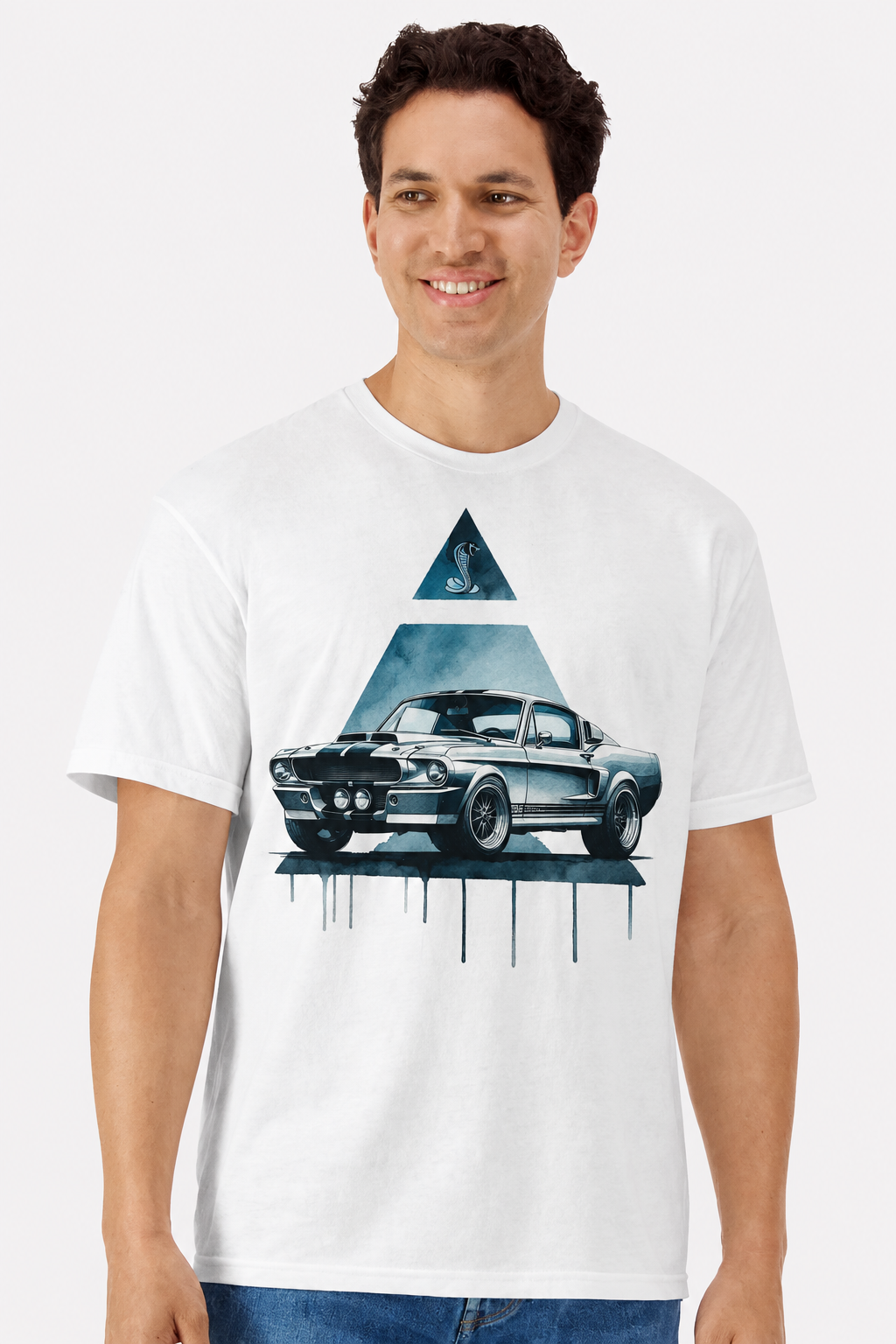Model wearing a white t-shirt with a Shelby Mustang GT500 and cobra triangle print